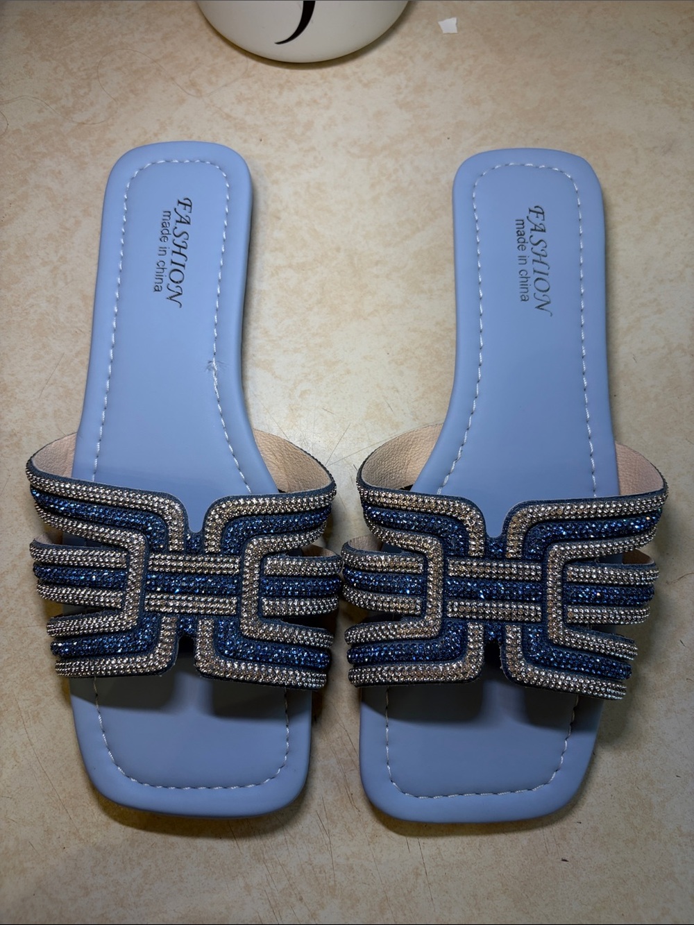 Fashion Slip-On Beaded Sandals in Light Blue